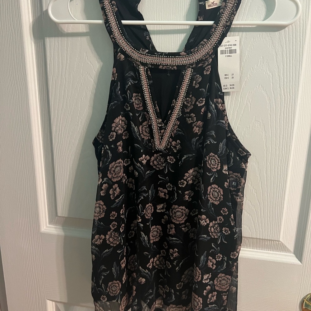 Hollister Black Floral Blouse with Beaded Neckline